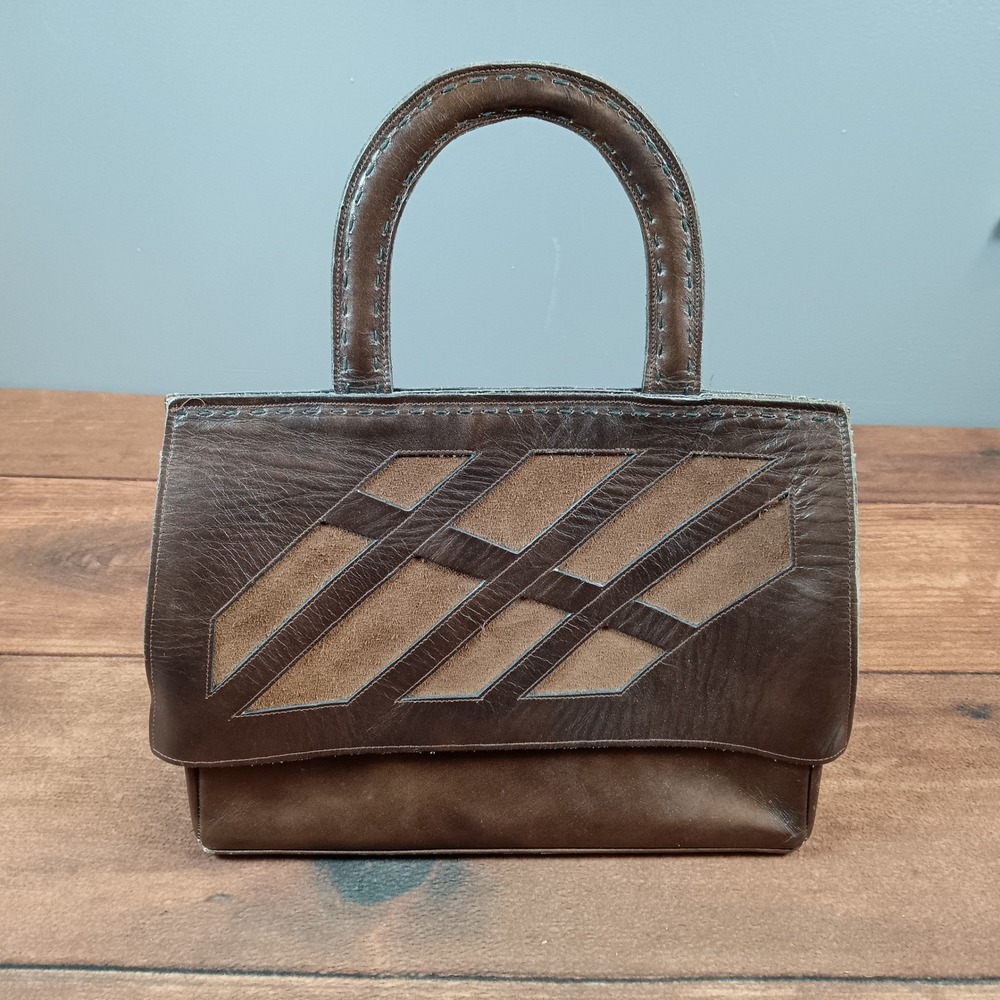 Guild Creations Vintage Leather Suede Top Handle Bag Womens Brown Good Geometric